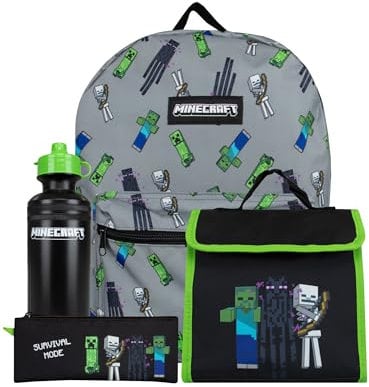 Minecraft Schulranzen Set | Creeper Kinderrucksack | Schulrucksäcke, Brotdosen & Wasserflaschen Set | One Size Schwarz