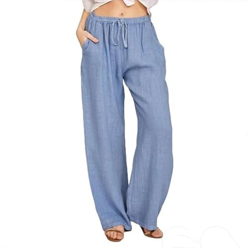 SHEKINI Pantaloni Lino Donna Estivi con Tasche Casual Elegante Pantaloni Larghi in Cotone, Pantaloni Gamba Larga Vita Alta con Coulisse Morbido Pants Pantalone Donna