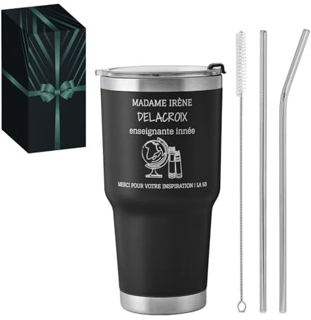 Maverton Mug Isotherme Personnalisable Noir en Acier Inoxydable 800 ml - Mug Personnalisé Maitresse avec 2 Pailles et Brosse - Cadeau Maitresse d'École fin d'année - Cadeau Prof Enseignante