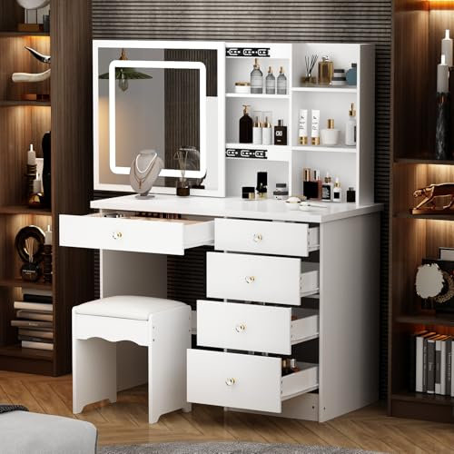 DEZAGCE Large Dressing Table with 3 Colour Lighting, Mirror and Stool, Dressing Tables with 5 Drawers, Dressing Table Cosmetic Table with 4 Shelves, White, 50 x 100 x 136 cm, MDF