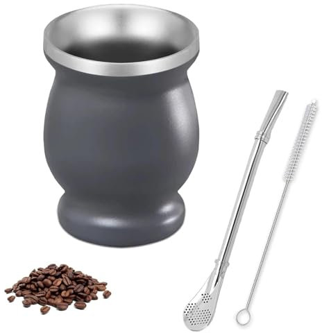 OUTALIZ Juego de Taza de Calabaza de Acero Inoxidable,Taza Mate de Acero Inoxidable con Doble Pared Aislante, 260ml Juego de Té Mate, con Cuchara para Pajita y Cepillo de Limpieza(Gris)