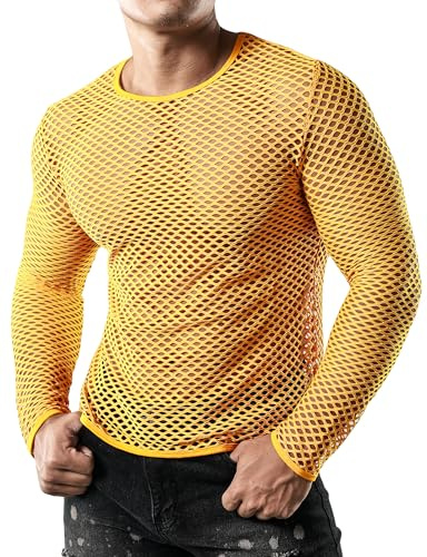 JOGAL Mens Fishnet Mesh Long Sleeve Shirt Fitted Muscle Top Large Orange