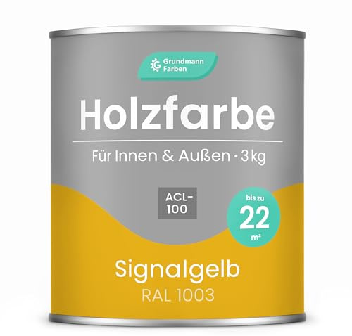 Grundmann Holzfarbe ACL 100 - Holzlack 3 Kg Gelb - 4in1 inkl. Grundierung - Seidenmatt - Wetterfest für Innen & Außen - RAL 1003 Signalgelb