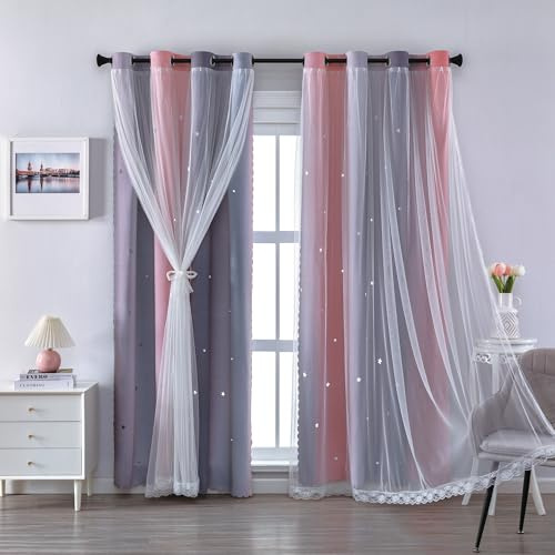 XiDi Graue und rosa Verdunkelungsvorhänge für Mädchenzimmer, 137 cm Länge, 2 Paneele, Regenbogen, Kinderösen, Fenstervorhänge für Kinderzimmer, Wohnzimmer, Dekoration, Prinzessin, Einhorn