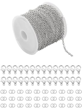 XinYangMao 5m Edelstahl Kette 2.4mm Silber – DIY Schmuck Ketten Set mit 30 Karabinern & 60 Sprungringen | Panzerkette, Bastelkette für Halsketten, Armbänder & Schmuckherstellung