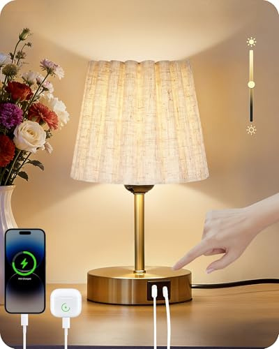 GOEBLESON Nachttischlampe Touch Dimmbar mit USB Ladefunktion und Kabel | Gold und Weiß, kleine Tischlampe aus Leinen und Metall, mit E27 Birnen, Speicherfunktion, für Nachttisch, Schlazimmer, Hotel