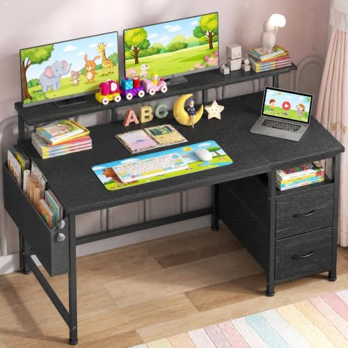 Klyvvo 100x48 cm Rechteckig Schreibtisch für Studieren, Homeoffice, Gaming | Ergonomisch Computertisch mit 2 Schubladen, 1 Hängeorganizer, Monitorständer, Kabeltüllen, 3-Verstellbare Höhe, Schwarz