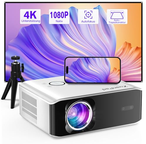 Smart Mini Beamer 4K kompatibel mit Netflix & Dolby Audio, XuanPad 28000 Lumen Beamer mit TOF Autofokus & Trapezkorrektur, WiFi6 & Bluetooth, 210° Heimkino/Outdoor Blue Projektor für Handy/PC