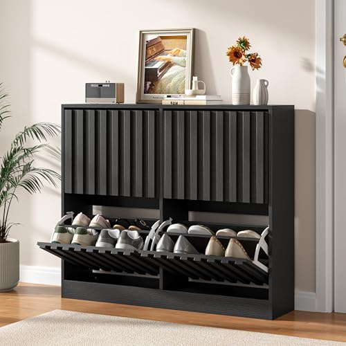 UEV Wide Shoe Cabinet with 4 Flip Drawers – Narrow Shoe Storage Unit for Hallway or Entryway, Modern Wood Slat Doors with Ventilated Design, Holds 16 Pairs, Black