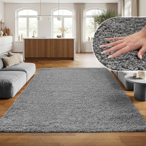 SIMPEX Shaggy Hochflor Teppich, 200x290 cm, Hellgrau, weich, flauschig, modern, einfarbig, Für große Wohnzimmer oder Esszimmer, für Wohnzimmer Schlafzimmer Flur