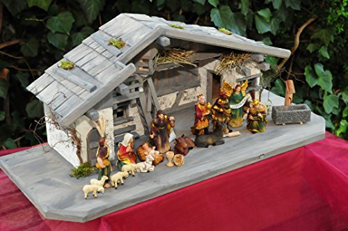 Weihnachtskrippe mit XXL-BELEUCHTUNGSSET Krippenbeleuchtung mit 2 Laternen + Lagerfeuer, Weihnachtskrippe, mit Granitbrunnen WASSERGRAND, Massivholz GRAU Krippe mit Beleuchtung, + 3tlg. Licht-Set