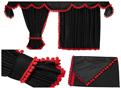 Adomo LKW Gardinen passgenau zum Volvo FH4 FH5 in schwarz mit roten Pompoms/Kugel