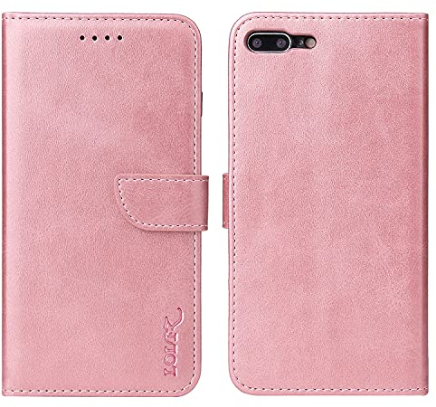 LOLFZ Wallet Case for iPhone 7 Plus 8 Plus, Vintage Leather Book Case with Card Holder Kickstand Magnetic Closure Flip Case Cover - Rose Gold