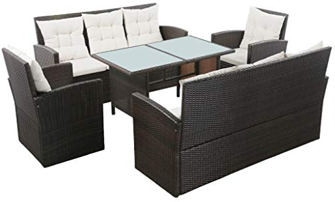 Tidyard 5-TLG. Garten-Lounge-Set mit Auflagen Poly Rattan Braun und Cremeweiß Gartencouch Garten Polyrattan Couch Gartenbank Rattansofa Ecksofa Eckcouch Outdoor Lounge-Bett Garten Gartengarnitur