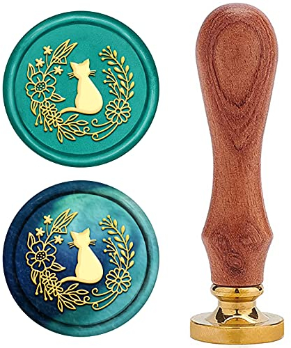 craspire Wachs Siegel Stempel Katze Mit Blume Messing Siegel Wachs Stempel Blumen Wachs Siegel Abnehmbarer Messingkopf Naturholz Griff Für Umschlag Einladung Hochzeitsverzierung Flasche Dekoration