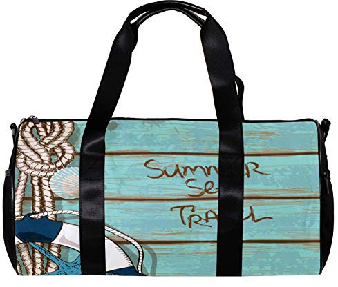 Runde Sporttasche mit abnehmbarem Schultergurt, Vintage-Rettungsring mit nautischem Seil, Holz-Hintergrund, Trainings-Handtasche für Damen und Herren