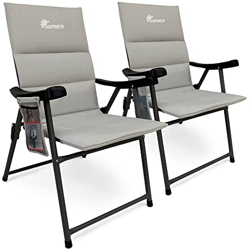 SUNMER Padded Garden Camping Chairs Foldable with Side Pocket, Holds up to 120kg, Lightweight 4kg per Chair, Outdoor Seat for Camping, Fishing, Relaxing - Grey