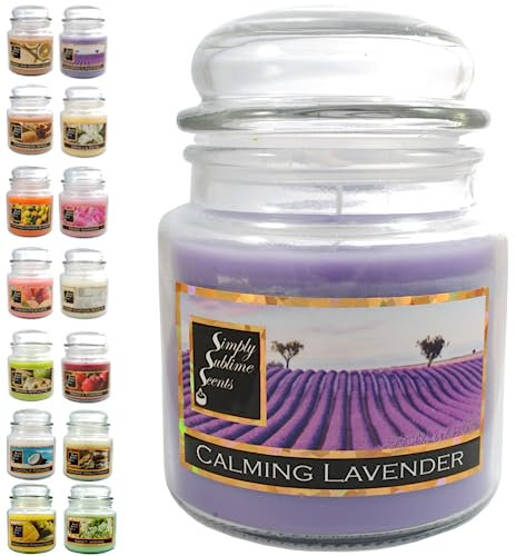 SIMPLY SUBLIME SCENTS - Luxury Scented Candle - Exceptional Fragrance Oil - Medium Glass Jar, Up to 76 Hours - Clever Wax Formula for Long, Clean, Even Burn - Calming Lavender - Cotton Wick