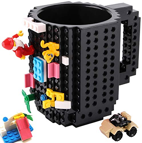 Build-On Brick Coffee Mug,Novelty Christmas Birthday Presents Easter Fathers Day Santa Funny Mugs Nerdy Gifts for Dad Men Kids Boy Him Women Adult Girl Friend (Black)