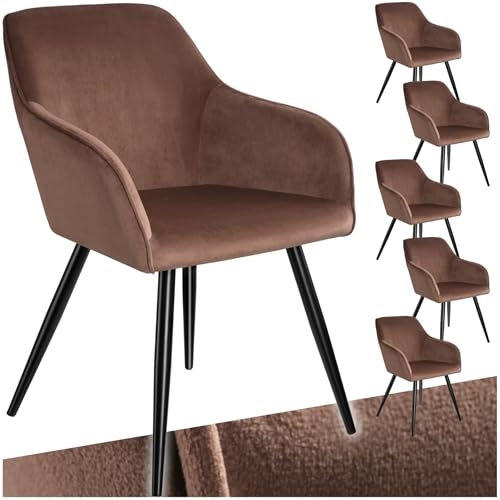 tectake 6er Set moderner Esszimmer Stuhl, Sitzfläche aus Samt, Armlehnstuhl, Sessel Wohnzimmer, gepolsterter Office Chair mit schwarzen Metallbeinen, Schminktisch Stuhl - braun/schwarz
