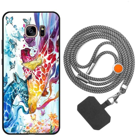 vingarshern Handyhülle Kompatibel mit Samsung Galaxy S7 Edge Hülle Silikon mit Aesthetic Muster,Stoßfest Schutzhülle mit Kordel,Weich Bumper Case mit Handykette/Umhängeban,Giraffe