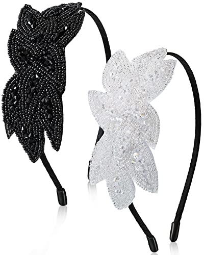 2 Stück 1920er Haarreife Flapper Stirnbänder Damen Haarbänder Blatt Perlen Haarschmuck Vintage Kopfschmuck Accessoires für 20er Jahre Stil Kleid Kostüm (Weiß, Schwarz)