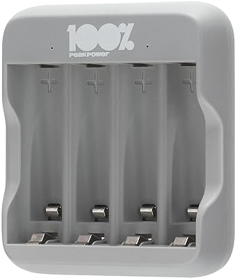 100%PeakPower 4-Slot Battery Charger for AA & AAA Ni-MH Ni-CD Rechargeable Batteries, Micro USB Input, Fast Charging, Intelligent Detection