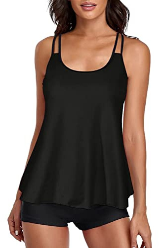 Minetom Tankini Damen Bauchweg Bademode Set Zweiteilig Badeanzug Strand Schwimmanzug Swimsuits Bikini Tank Top Shorts Oberteile und Badeshorts E Schwarz 3 M