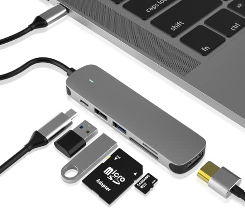 USB C HUB, Dongle USB C Adapter 6 in 1 mit USB 3.0 Anschluss, 4K-HDMI, USB C Anschluss/PD, SD/TF Kartenleser, Dockingstation Kompatibel mit MacBook Pro/Air Laptop und weiteren Typ C Geräten