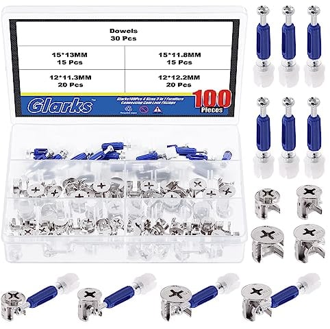 Glarks 100Pcs 4 Sizes 3-in-1 Furniture Connecting Cam Lock Fittings with Dowels Assortment Kit, 15x13/15x11.8/12x12.2/12x11.3mm Cam Lock Nuts and Cam Screws for Wardrobe Drawer Cabinet Connectors