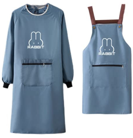 NAN Wind Women Kitchen Apron with Big Pockets,Chef Long Sleeves Waterproof Apron for Cooking Baking Cleaning Work, Blue, Large