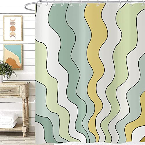 Hnmdmyi Duschvorhang Retro Vintage Groovy 180x200, Ästhetisch Bunt Grün Hippie Trippy Mid Century Abstrakte Kunst Badewanne Vorhang Wasserdicht Polyester Stoff Waschbar Badevorhang mit Haken