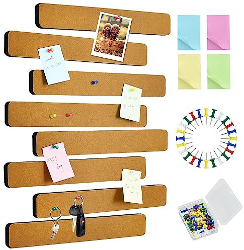 Vuzvuv 8 Stück Holzbraune Korktafel-Balken mit 50 Pinnnadeln und Haftnotizen, selbstklebende Pinnwandstreifen, keine Schäden für Wand, Filz-Pinnwand für Notizen, Fotos, Zeitpläne, Büros, Zuhause
