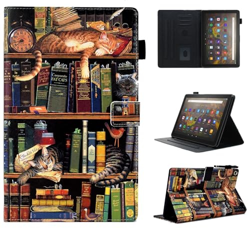 BYCeKe Hülle für Fire HD 10 und Fire HD 10 Plus Tablet (11. Generation, 2021) - Premium PU Leder Stand Case Schutzhülle mit Auto Schlaf/Wach Funktion, Bücherregal Katze
