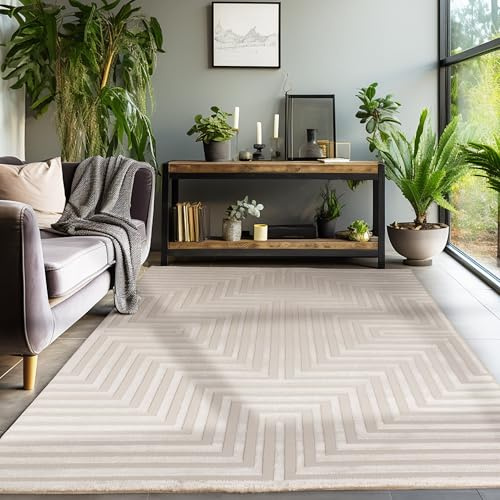 SIMPEX Kurzflor Teppich Wohnzimmer Beige Schlafzimmer Esszimmer Läufer Flur Küchenteppich Boho Teppich 3D Design Skandinavischer Stil Modern Weich, Beige, 280 x 370 cm