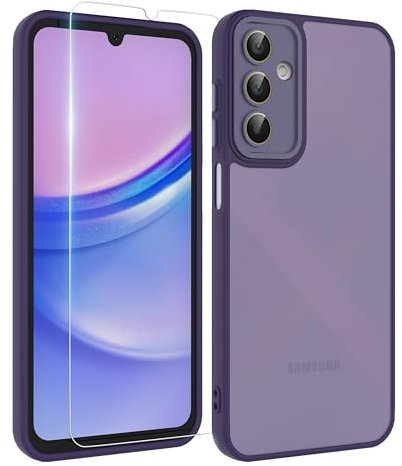MIKULLE Cover per Samsung Galaxy A15 4G / 5G con 1 Pezzi Pellicola Vetro Temperato,Opaca Traslucida Hard PC e Silicone TPU Bumper Case Morbido Slim Antiurto AntiGraffio - Viola