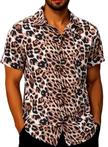 JG JENNY GHOO Men's Leopard Print Shirt Summer Short Sleeve Cheetah Animal Print Hawaiian Button-Down Shirts, A-brown, XL