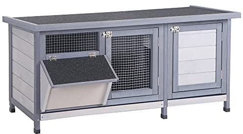 PawHut Clapier sur Pied Cage à Lapin avec Toit bitumé ouvrant 2 Portes verrouillables 2 tiroirs à déjection coulissants mangeoire Bois de Sapin traité dim. 112L x 50l x 54H cm Gris et Noir