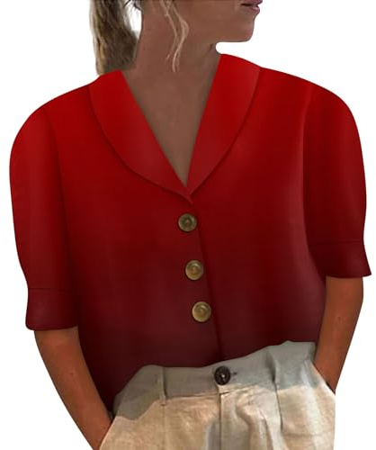 outlet leinenblusen tunika Damen Sommer große größen Bluse Damen Sommer weiß Einfarbig Baumwoll Leinen Stehkragen Kurzarm Button Down Musselin Tunika Damen Oberteile Hemd (Rot, XXL)