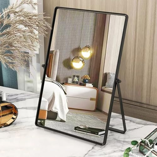 Gosider Espejo de mesa negro, espejo de maquillaje portátil con marco de metal, espejo rectangular con soporte, 90°, espejo de mesa de escritorio de una sola cara para dormitorio, sala de estar,