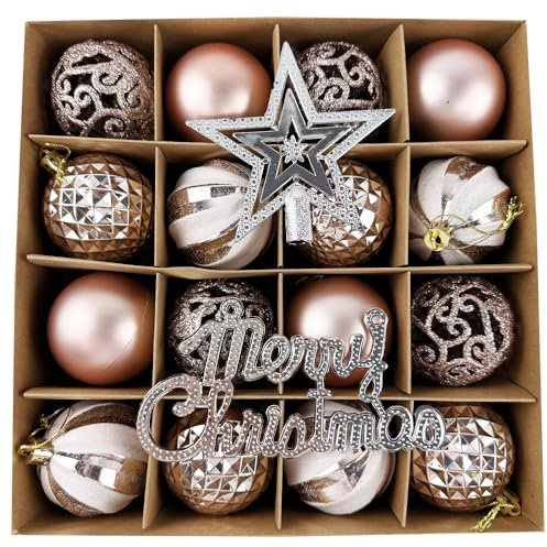 18 PCS Christmas Baubles for Tree Decorations - Delicate Xmas Theme Painting Glittering Pendants with Topper, Rose Gold