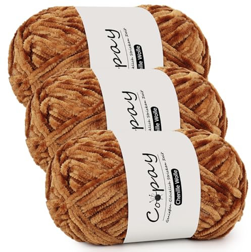 Coopay Chenille Wolle zum Häkeln, 3x100g Samtig Chenillegarn, Dicke Flauschige Weich Chenille Garn, Chenille Wolle, Weicher Plüschwolle Häkelgarn für Decken, Schals - Khaki