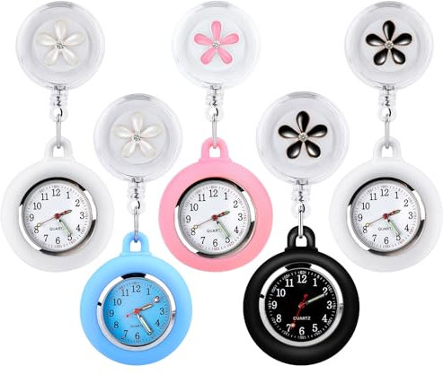 BORDEAG 5 Stück Krankenschwester Uhr – Einziehbare Schwesternuhr, Ansteckuhr mit Glow Pointer, Taschenuhren für Damen, Ideal für Krankenschwestern und Pflegepersonal