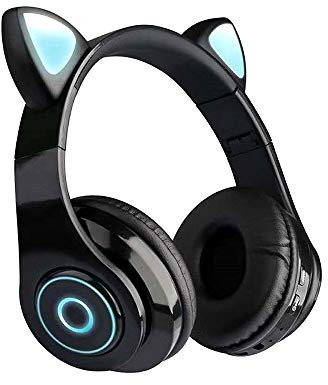 ciciglow Wireless Headset, Soft Earpads Foldable Cute Cat Ear BT Headphone Support BT Mode,Wired Mode and TF Card Play Mode (Black)