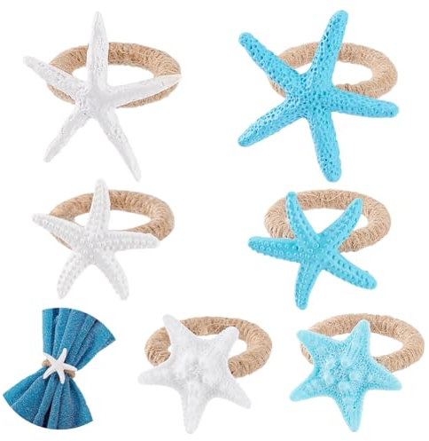 AHANDMAKER Serviettenringe In Seesternform 6er Set Weißer Und Blauer Serviettenringhalter In Seesternform 6 Stile Süße Serviettenringhalter Zum Basteln Hochzeit Kostümparty Bankett