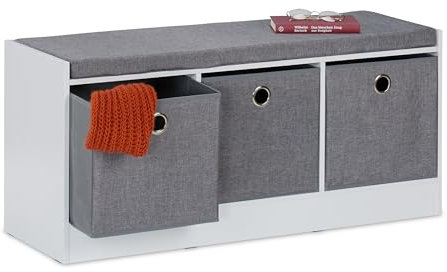 Relaxdays Sitzbank, Polsterbank mit 3 Stoff-Schubladen, HxBxT: 46 x 102 x 32 cm, MDF, Aufbewahrungsbank, weiß/grau