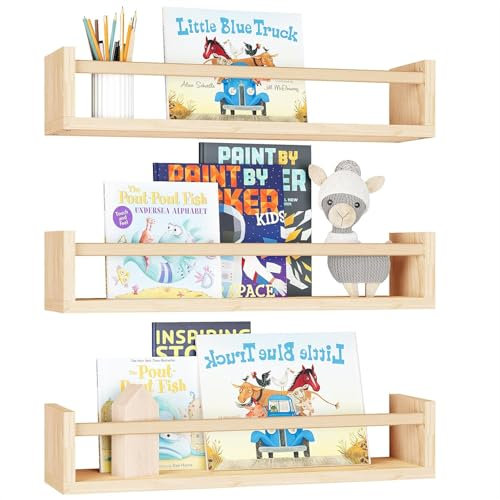 Nursery Book Shelves, 16.5 Inch Floating Book Shelves for Wall Set of 3, Baby Nursery Decor, Solid Wood Wall Mounted Shelves for Children's Room, Bedroom,Bathroom,Kitchen,and More (Natural Wood)