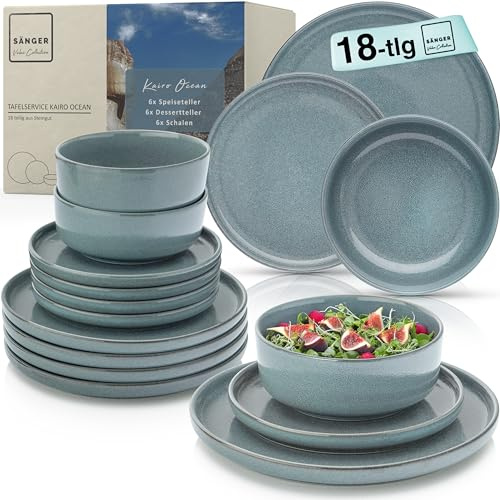 SÄNGER Kairo Ocean | Tafelservice 18 tlg, Steingut Geschirr Set 6 Personen, 6x Speiseteller 6x Dessertteller 6x Schalen Geschirrset & Schale blau, Teller Set, Tiefe Teller | VALUE COLLECTION