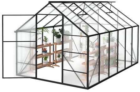FIVMEN Gewächshaus Aluminium Gartengewächshäuser mit 6 cm Fundament und 4 mm PC Platte Treibhaus Tomatenhaus Gartenhaus UV beständig Wetterfest für den Garten, 380x250x205 cm