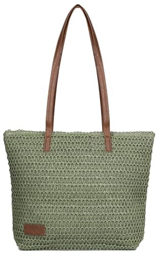 Woodland Leathers Women's Straw Shoulder Bag, Medium & Large Summer Beach Tote with Zipper, Durable Leather Handles, Women Holiday Shoulder Bag with Versatile Styles and Colours (Green)